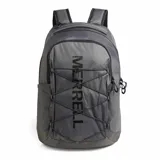 Mochila unisex Merrell color gris con logo vertical en el frente y cordón elástico cruzado.