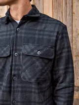 Sobrecamisa a cuadros gris y negra de manga larga con cierre de botones y bolsillos en el pecho.