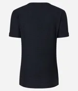 Blusa negra de viscosa con escote en V, mangas cortas y rayas horizontales finas.