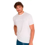 Remera gris jaspeado de manga corta con cuello redondo y logo de Caterpillar estampado en el pecho.