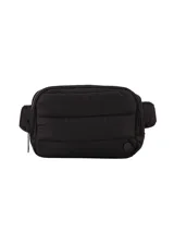 Riñonera o bandolera unisex de tela/lona color negro, con diseño acolchado y correa ajustable. Posee un bolsillo delantero y uno trasero.
