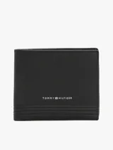 Billetera Tommy Hilfiger de cuero granulado color negro, con diseño plegable, múltiples ranuras interiores para tarjetas, bolsillo interior para monedas y logo metalizado en la parte delantera.