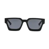 Lentes de sol unisex, de acetato negro, con forma rectangular y lentes grises. Colaboración Emexem.
