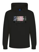 Canguro negro plus size de Jack & Jones, con capucha y cordones ajustables. Estampado frontal con el logo de la marca en colores pastel.