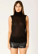 Top sweater negro de tejido traslúcido, con cuello alto y sin mangas.