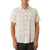 Camisa de manga corta color beige con diseño a cuadros negros, cuello clásico y bolsillo en el pecho.