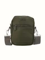 Bandolera negra de lona con correa ajustable y cierres metálicos.