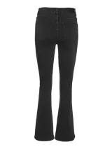 Pantalón de jean acampanado color gris oscuro, de tiro alto, con cinco bolsillos, cierre frontal con botón y pierna acampanada por debajo de la rodilla.