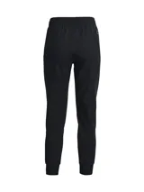 Pantalón de chándal negro Under Armour Unstoppable para mujer, con cintura elástica ajustable, bolsillos laterales con cierre y tobillos ajustados.