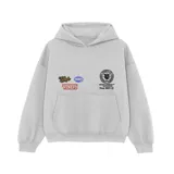 Buzo hoodie negro de felpa con capucha y bolsillo tipo canguro. Presenta múltiples logos de la marca estampados en el frente.