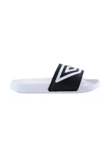 Ojotas blancas con tira ancha negra y logo de Umbro en blanco.