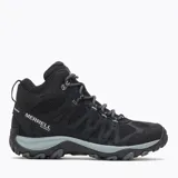 Bota de senderismo de media altura Merrell Accentor 3 Mid WP, color negro, con capellada de gamuza y malla impermeable, cordones y correas reciclados, lengüeta de fuelle, puntera de goma protectora, forro de malla reciclada, plantilla de EVA removible, vástago de arco de nailon moldeado, entresuela de espuma EVA y suela de goma adherente.