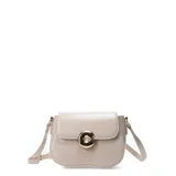 Bandolera color beige con correa larga ajustable y cierre con broche metálico dorado.