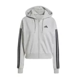 Campera gris de felpa francesa con capucha ajustable con cordón, cierre frontal, bolsillos laterales y las tres tiras características de Adidas en las mangas.
