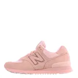 Championes New Balance modelo 574, color rosa, con detalles en gris y blanco, confeccionados en gamuza y malla, con logo "N" característico en los laterales y entresuela ENCAP.