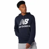 Buzo azul marino con capucha y cordones ajustables, logo de New Balance estampado en blanco en el pecho y bolsillo tipo canguro.
