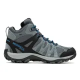Bota de trekking Merrell Accentor 3 Mid WP color gris con detalles en negro y azul. Impermeable, con suela adherente y puntera reforzada.