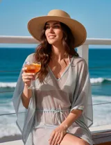 Kaftan de poliéster con hilos de lurex en color gris, marca Do Everything In Love. Posee escote en V, mangas cortas amplias y cintura ajustable con jareta interna. Diseño de tejido liviano con brillo y tajos laterales.