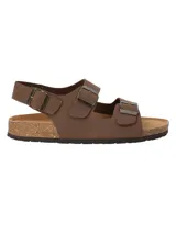 Sandalias marrones de cuero con dos tiras anchas ajustables con hebilla y tira trasera con hebilla.