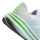 Championes de running Adidas Galaxy 7 para mujer, color blanco con detalles en verde menta y suela en tono menta claro y negro.