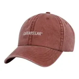Gorra de gabardina color coral con logo de Caterpillar bordado en blanco en el frente.