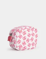 Monedero pequeño de tela deportiva color rosa con estampado de manzanas rojas. Tiene cierre circundante con tirador decorativo.