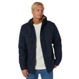 Campera azul marino con capucha forrada en sherpa, cierre frontal con botones y cremallera, bolsillos en el pecho y logo Rip Curl en parche de PU.