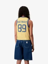 Musculosa celeste con cuello y sisas ribeteadas en blanco. Estampado frontal con el logo de Carhartt WIP en blanco.