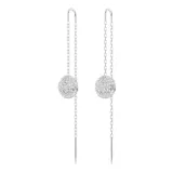 Pendientes colgantes plateados con cadena fina y dije circular con incrustaciones de cristales blancos.