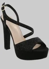 Sandalias negras de fiesta con plataforma y tacón cuadrado alto. Presentan dos tiras con apliques brillantes sobre el empeine y una tira fina con hebilla alrededor del tobillo.