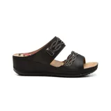 Sandalia de plataforma negra con detalle de costuras decorativas y diseño ergonómico para mayor comodidad.