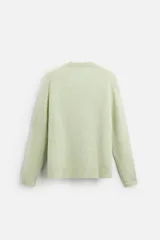 Sweater verde claro de lana y alpaca, con cuello redondo y mangas largas.