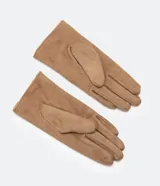 Guantes de mujer confeccionados en poliéster con acabado de gamuza sintética, diseño liso y borde superior ondulado.