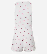 Conjunto de pijama short doll blanco con estampado de cerezas rojas, confeccionado en tejido rib. Incluye musculosa con puño y short con cintura elástica y bajo frufru.