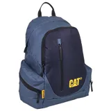 Mochila Caterpillar color rosa con logo negro estampado en el frente. Tiene un compartimento principal con cierre, un bolsillo frontal con cierre vertical y dos bolsillos laterales con cierre. Las correas son ajustables y acolchadas.