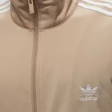 Campera Adidas Originals Adicolor Classics Firebird color beige con tres rayas blancas en las mangas, logo bordado en el pecho, cuello alto, cierre frontal y bolsillos con cremallera.