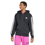 Campera Adidas Essentials 3 para hombre, color negro con las tres tiras blancas en las mangas, cierre frontal completo, capucha con cordón ajustable y bolsillos laterales.