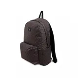 Mochila Vans Old Skool con estampado a cuadros en tonos marrones y negros, con bolsillo frontal con cierre y logo de la marca.