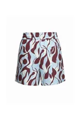Short con estampado abstracto en tonos celeste y marrón, con pretina elastizada y lazo ajustable.