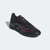 Championes de fútbol Adidas Predator League Turf, color negro con detalles en gris y rojo. Diseñados para césped artificial, con parte superior Hybridfeel con textura 3D y aletas Strikescale para control del balón.