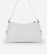 Bolso baguette pequeño de cuero sintético negro con correa fina ajustable, cierre de cremallera y detalles de cremalleras decorativas.