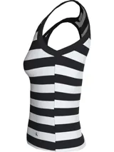 Musculosa Calvin Klein Jeans a rayas horizontales blancas y negras, con cuello redondo y logo CK en el ruedo.