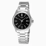 Reloj Casio plateado con esfera negra, agujas plateadas y calendario.