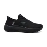 Championes deportivos Skechers modelo Slip-ins Go Walk Flex - Grand Entry en color negro. Presentan una parte superior de malla y material sintético con cordones elásticos, tecnología Hands Free Slip-ins para calce fácil, plantilla Air-Cooled Memory Foam y amortiguación ligera ULTRA GO.