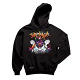 Canguro negro con capucha y cordones ajustables. Estampado frontal con logo de Evangelion y personajes del anime.