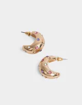 Aros argolla dorados con incrustaciones de strass en tonos blanco, rosa y violeta.