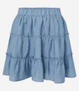 Minifalda celeste de viscosa texturizada con recortes fruncidos y cintura elástica.