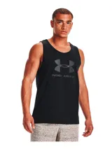 Musculosa negra de Under Armour con logo estampado en el pecho. Tela ligera, suave y de secado rápido.