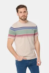 Remera de manga corta con diseño a rayas horizontales en tonos azul, verde, beige y rosa.