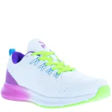 Championes blancos con detalles en violeta, celeste y verde neón.